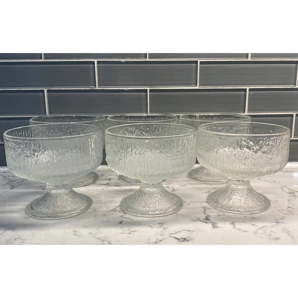 Lot of Vtg Indiana Glass Champagne Glass Sherbet Crystal Ice Texture Art Set 60s